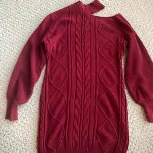 Maroon open shoulder turtleneck sweater